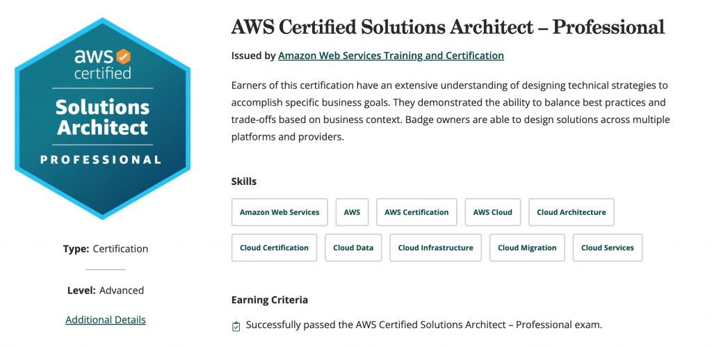 Earners of this certification have an extensive understanding of designing technical strategies to accomplish specific business goals. They demonstrated the ability to balance best practices and trade-offs based on business context. Badge owners are able to design solutions across multiple platforms and providers.